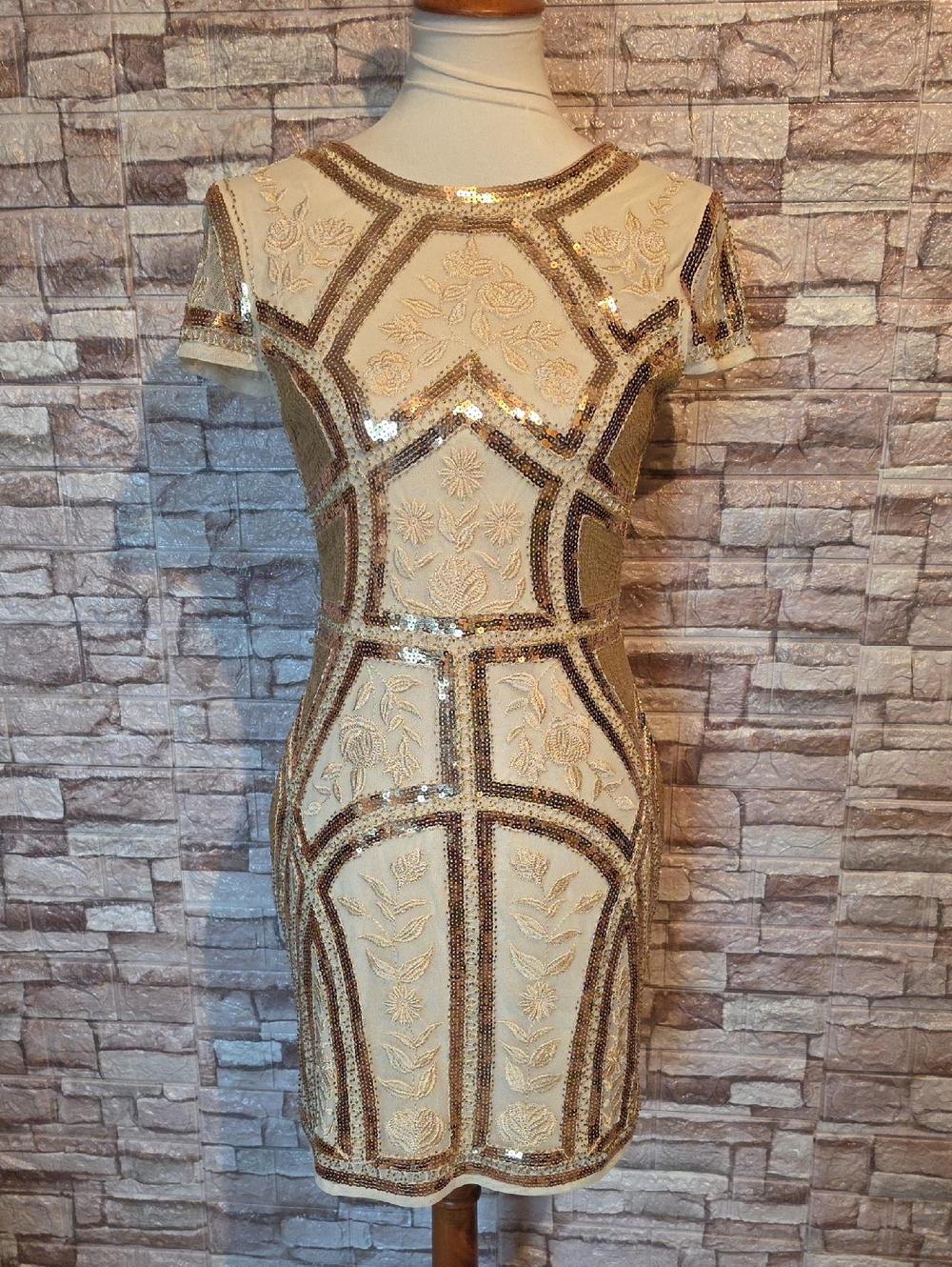 Lulus Embroidered Sequin Tan & Gold Short Sleeve Sheath Dress